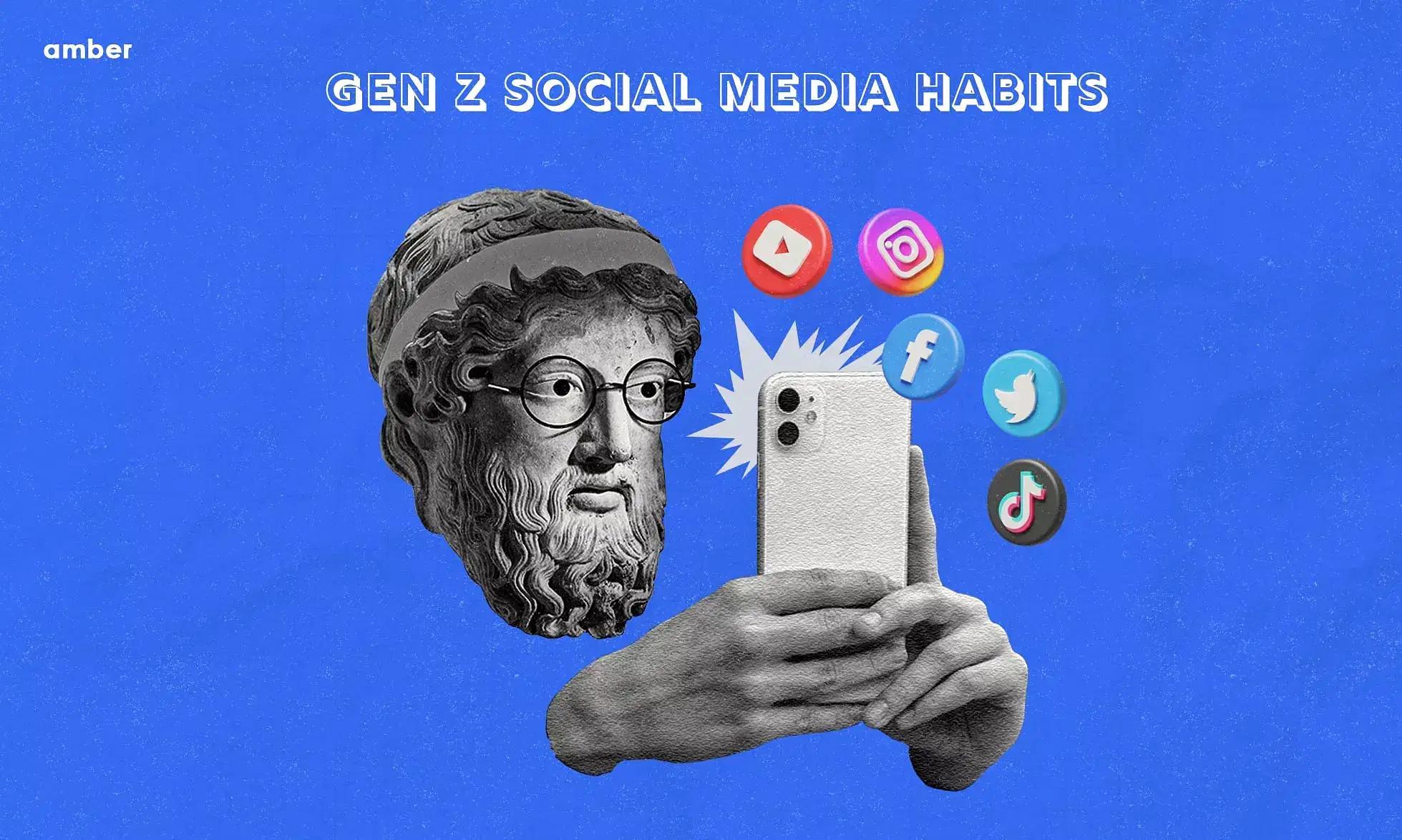 The image features a blue background with a classical statue head wearing glasses, holding a smartphone. Around the phone are icons representing various social media platforms, including YouTube, Instagram, Facebook, Twitter, and TikTok. The text 'GEN Z SOCIAL MEDIA HABITS' is prominently displayed at the top, and the word 'amber' is in the top left corner.