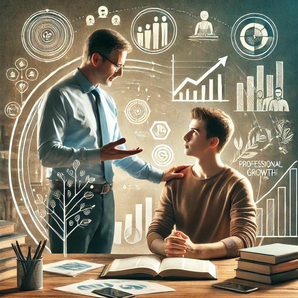 The image depicts a professional setting where a man in a blue shirt and tie is engaging with a younger man seated at a desk. The older man is gesturing with his hand, possibly explaining or advising, while the younger man listens attentively. Surrounding them are various graphical elements, including charts, graphs, and icons representing growth and development. The words 'Professional Growth' are visible, emphasizing the theme of career advancement. Books, a smartphone, and a pencil holder are on the desk, suggesting a learning or mentoring environment.