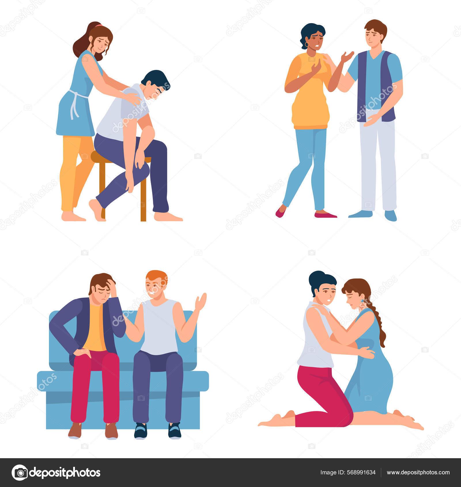 The image is a collection of four illustrations depicting scenes of people providing comfort and support to others. In the top left, a woman is giving a seated man a shoulder massage, suggesting relaxation or stress relief. The top right shows a man and a woman standing and engaging in a supportive conversation, with the woman appearing to express concern. In the bottom left, two men are sitting on a couch; one appears distressed with his head in his hand, while the other gestures in a comforting manner. The bottom right illustration features two women kneeling and embracing each other, indicating emotional support or consolation. The overall theme of the image is empathy and support among friends.