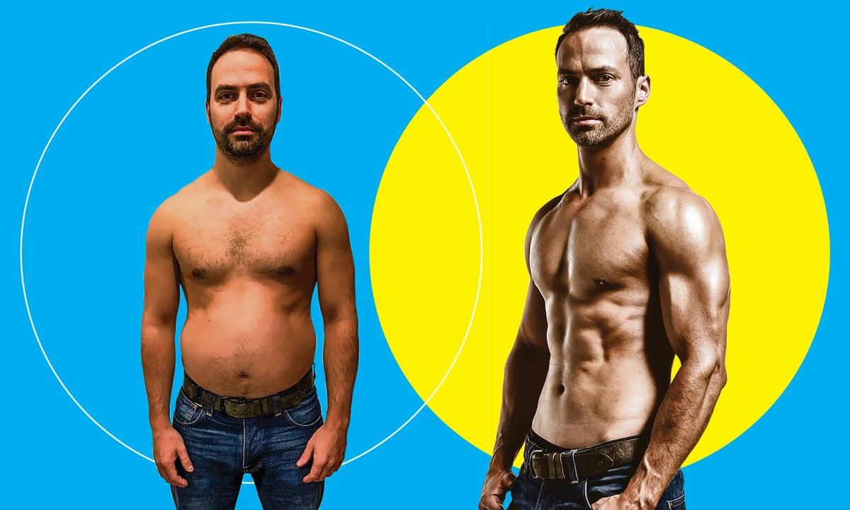 The image features a side-by-side comparison of a man before and after a physical transformation. On the left, the man is shown with a fuller physique, standing against a blue background with a white circle. On the right, the same man appears with a more muscular and defined body, set against a blue background with a yellow circle. Both images depict the man wearing jeans, and the transformation highlights significant changes in muscle tone and body composition.