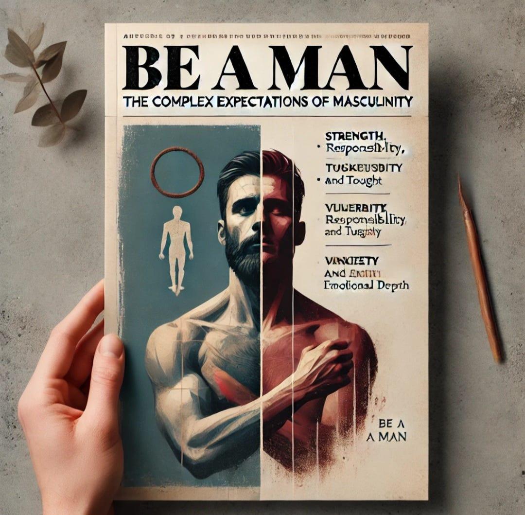 The image is a magazine cover titled 'BE A MAN: The Complex Expectations of Masculinity.' It features a split illustration of a man, with one side showing a muscular, anatomical depiction and the other a more realistic portrait. The background is divided into two colors, blue and red, symbolizing different aspects of masculinity. Text on the right lists attributes such as 'Strength,' 'Responsibility,' 'Toughness,' 'Vulnerability,' and 'Emotional Depth.' A hand is holding the magazine, and a pencil is placed on the surface beside it.