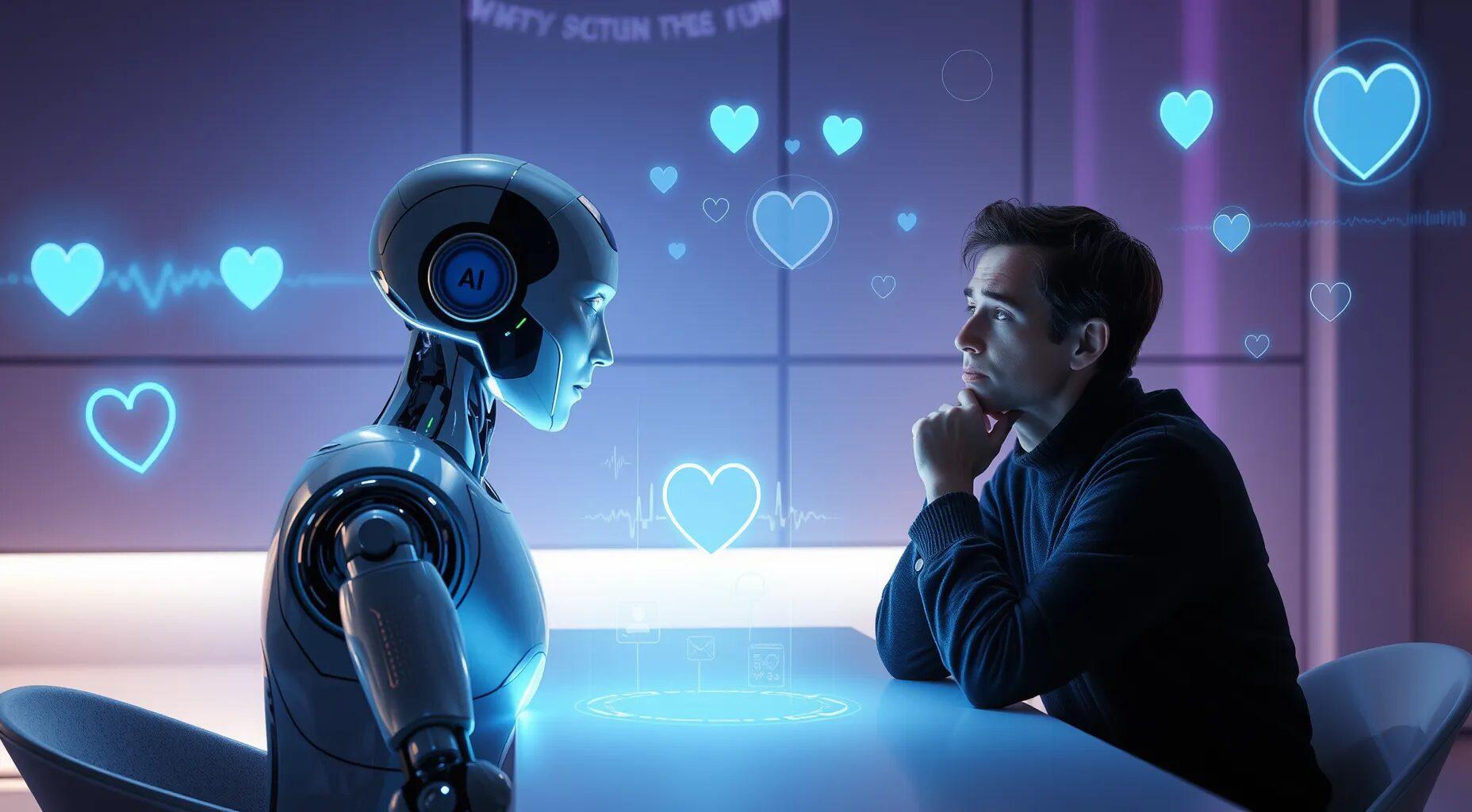The image depicts a futuristic scene where a humanoid robot and a human are sitting across from each other at a table. The robot has a sleek, metallic design with a visible 'AI' label on its head. The human, a man, is resting his chin on his hand, appearing thoughtful as he looks at the robot. The background is softly lit with a purple hue, and there are multiple glowing blue heart icons floating around them, suggesting a theme of emotional connection or communication. The setting is modern and high-tech, with a focus on the interaction between artificial intelligence and human emotions.