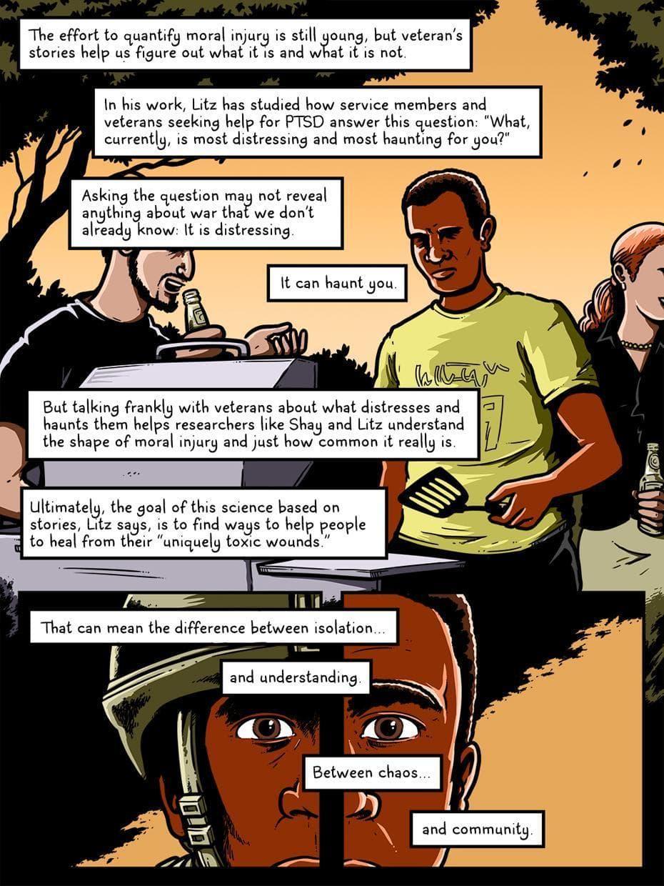 The image is a comic-style illustration depicting a discussion about moral injury among veterans. It features several characters, including a man holding a bottle and another wearing a yellow shirt, engaged in conversation. The background shows a sunset with trees silhouetted against the sky. Text boxes throughout the image discuss the concept of moral injury, its impact on veterans, and the importance of understanding and healing from these experiences. The text emphasizes the distressing nature of moral injury and the goal of helping veterans heal from 'uniquely toxic wounds.' The illustration highlights the contrast between isolation and community, chaos and understanding.