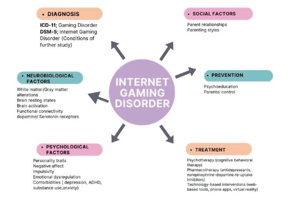 The image is an infographic about Internet Gaming Disorder. At the center, there is a purple circle labeled 'INTERNET GAMING DISORDER' with arrows pointing to six surrounding sections. Each section is color-coded and contains text. The sections are: 'DIAGNOSIS' (orange) which mentions ICD-11 and DSM-5 classifications; 'NEUROBIOLOGICAL FACTORS' (teal) listing brain-related factors; 'PSYCHOLOGICAL FACTORS' (pink) detailing personality traits and comorbidities; 'SOCIAL FACTORS' (light pink) focusing on parent relationships and styles; 'PREVENTION' (teal) suggesting psychoeducation and parental control; and 'TREATMENT' (orange) describing psychotherapy, pharmacotherapy, and technology-based interventions.