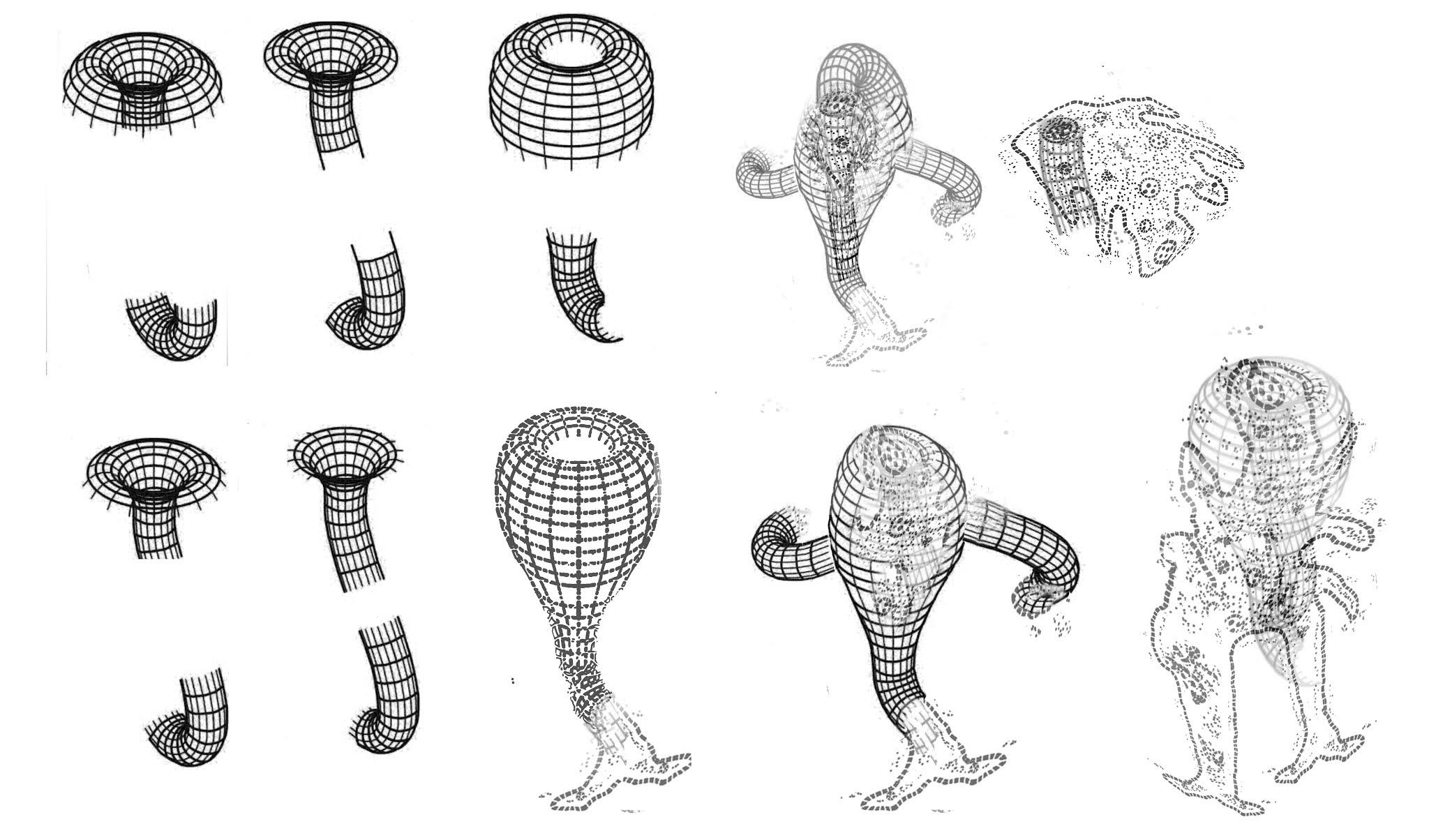 The image consists of a series of black and white drawings depicting abstract, wireframe-like structures. These structures appear to be a combination of geometric shapes and organic forms. On the left side, there are several variations of a torus shape, each with a grid pattern, gradually transforming into more complex forms. On the right side, the shapes evolve into humanoid figures with limbs, maintaining the wireframe aesthetic. The figures appear to be in motion, suggesting a sense of fluidity and transformation. The overall theme seems to explore concepts of hybridity and permeability, as indicated by the title.