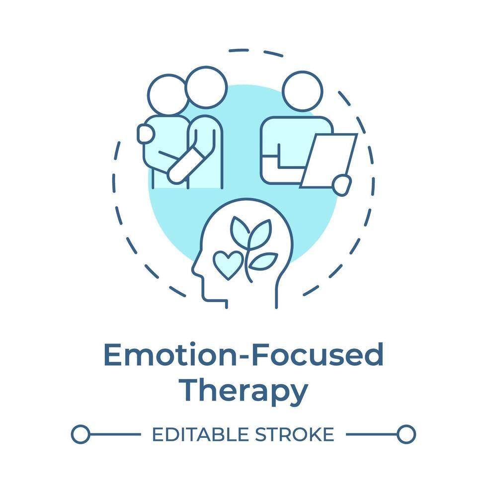 The image is a conceptual illustration related to 'Emotion-Focused Therapy'. It features a soft blue color scheme with line art. At the center, there is a circular design containing three main elements: two abstract figures embracing, a person reading a document, and a profile of a head with a heart and leaves inside, symbolizing emotional and mental health. Below the circle, the text 'Emotion-Focused Therapy' is prominently displayed, followed by 'EDITABLE STROKE' in smaller font. The overall design is clean and minimalistic, emphasizing therapeutic and mental health themes.