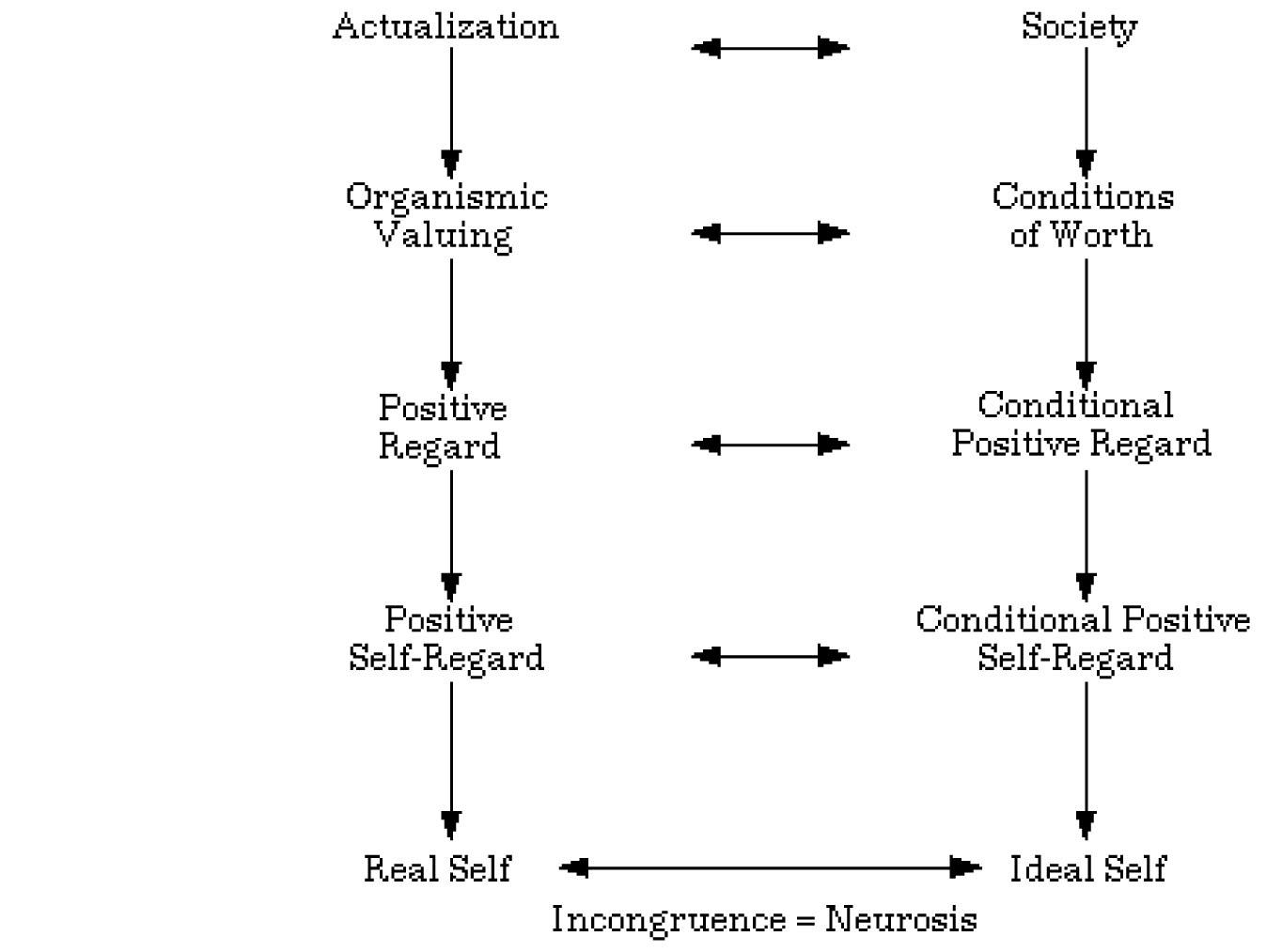The image is a flowchart illustrating concepts related to person-centered counseling. On the left side, it starts with 'Actualization' at the top, followed by 'Organismic Valuing', 'Positive Regard', 'Positive Self-Regard', and 'Real Self' at the bottom. On the right side, it begins with 'Society', followed by 'Conditions of Worth', 'Conditional Positive Regard', 'Conditional Positive Self-Regard', and 'Ideal Self'. There are arrows indicating relationships between the left and right columns, suggesting interactions or comparisons between these concepts. At the bottom, the phrase 'Incongruence = Neurosis' is displayed, indicating a potential outcome of discrepancies between the 'Real Self' and 'Ideal Self'.