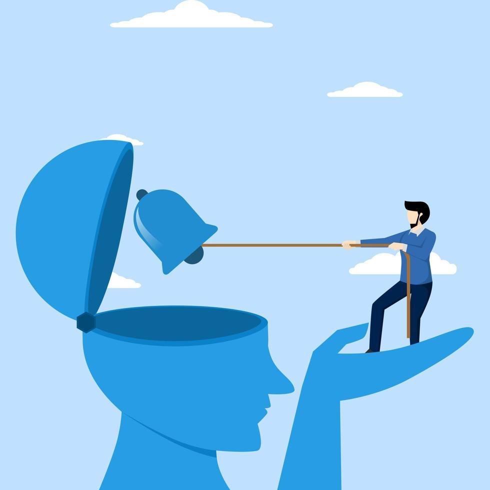 The image is an artistic representation depicting the concept of self-awareness or self-acceptance. It features a large blue silhouette of a human head with the top part open like a lid. Inside the head, a bell is suspended, and a small figure of a man is standing on an outstretched hand, pulling a rope attached to the bell. The background is a light blue sky with a few white clouds, creating a serene and thoughtful atmosphere. The image symbolizes the idea of ringing a bell inside one's mind, representing awareness or realization.