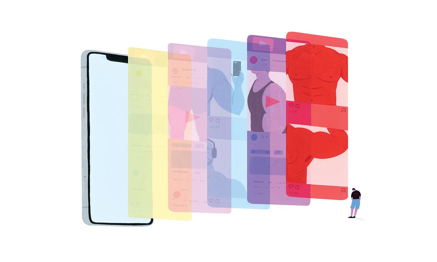 The image is an artistic representation featuring a large smartphone on the left side, with several translucent, colorful layers extending from it. Each layer depicts a muscular figure, suggesting social media profiles or posts. The layers are in various colors, including yellow, pink, blue, and red, and contain icons and text resembling social media interactions, such as likes and comments. On the right side, a small figure of a person is looking up at these layers, emphasizing the overwhelming nature of body image portrayed through social media. The overall theme suggests the impact of social media on perceptions of body image.