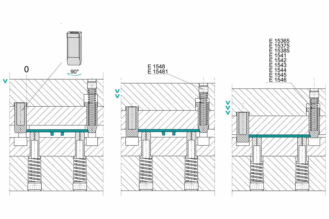 Das Bild zeigt technische Zeichnungen von drei verschiedenen Querschnitten einer mechanischen Vorrichtung. Jede Zeichnung ist mit verschiedenen Komponenten und Details versehen, die durch Linien und Schraffuren dargestellt werden. Oben links ist ein einzelnes Bauteil abgebildet, das um 90 Grad gedreht ist. In der Mitte der Zeichnungen sind Federn und andere mechanische Teile zu sehen. Rechts sind mehrere Nummern aufgelistet, die mit 'E' beginnen, was auf spezifische Teile oder Komponenten hinweisen könnte. Die Zeichnungen sind detailliert und scheinen technische Anweisungen oder Spezifikationen für die Konstruktion oder Montage einer Maschine zu geben.