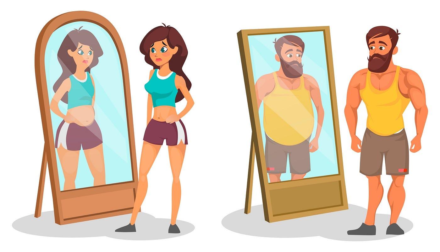 The image depicts two individuals standing in front of mirrors. On the left, a woman with long brown hair is wearing a turquoise tank top and purple shorts. She appears fit, but her reflection in the mirror shows her with a larger belly, indicating a distorted self-image. On the right, a muscular man with a beard is wearing a yellow tank top and brown shorts. His reflection in the mirror shows him with a larger belly as well, suggesting a similar distortion in self-perception. The image illustrates the concept of body dysmorphia, where individuals perceive their bodies differently from reality.