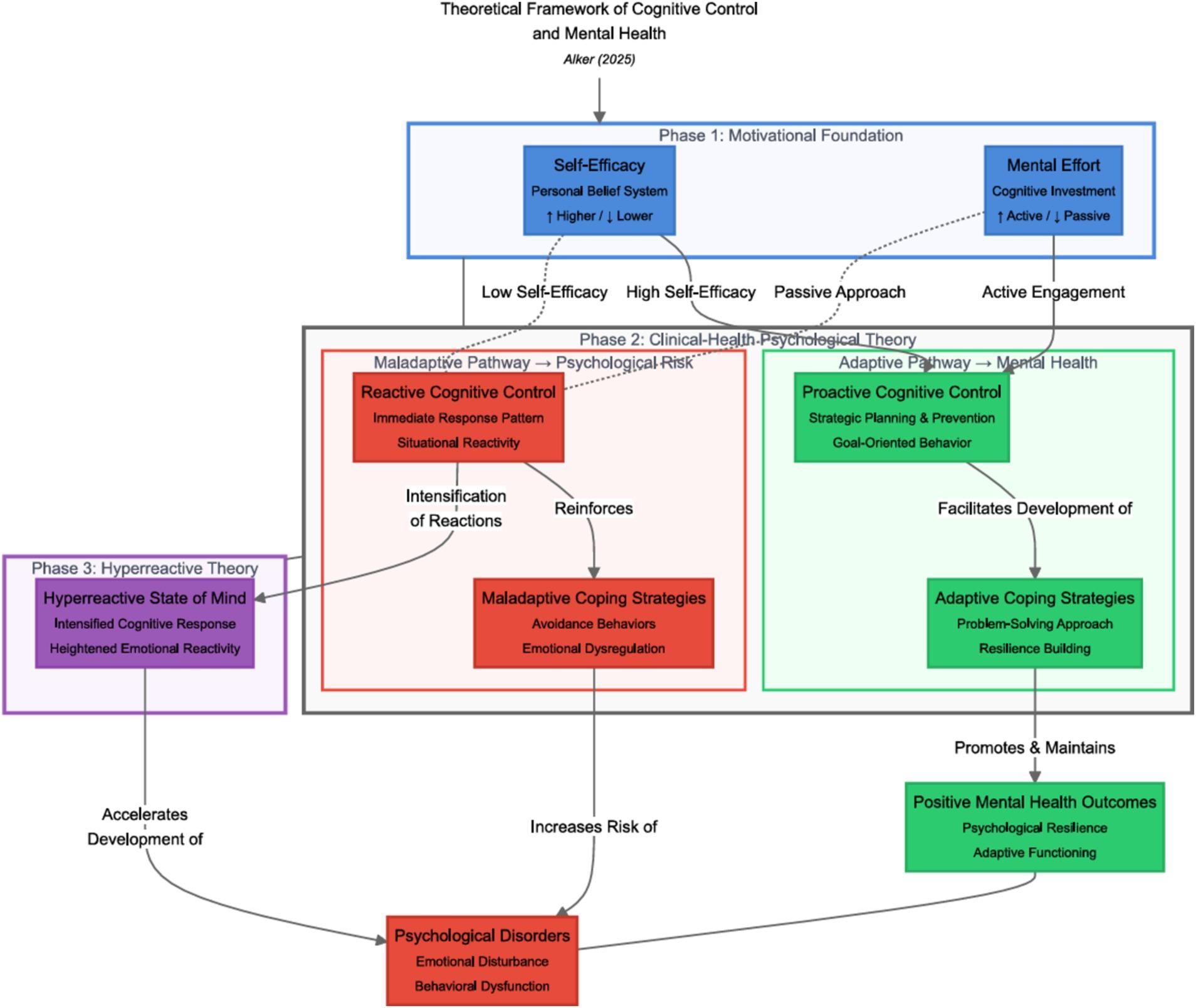 The image is a flowchart titled 'Theoretical Framework of Cognitive Control and Mental Health' by Alker (2025). It is divided into three phases. Phase 1, labeled 'Motivational Foundation,' includes 'Self-Efficacy' and 'Mental Effort' in a blue box, indicating a personal belief system and cognitive investment. Phase 2, 'Clinical-Health Psychological Theory,' is split into two pathways: the 'Maladaptive Pathway' in red, featuring 'Reactive Cognitive Control' and 'Maladaptive Coping Strategies,' and the 'Adaptive Pathway' in green, featuring 'Proactive Cognitive Control' and 'Adaptive Coping Strategies.' Phase 3, 'Hyperreactive Theory,' is in purple, describing a 'Hyperreactive State of Mind.' The flowchart shows how low self-efficacy and passive approaches lead to maladaptive pathways, increasing the risk of psychological disorders, while high self-efficacy and active engagement lead to adaptive pathways, promoting positive mental health outcomes.