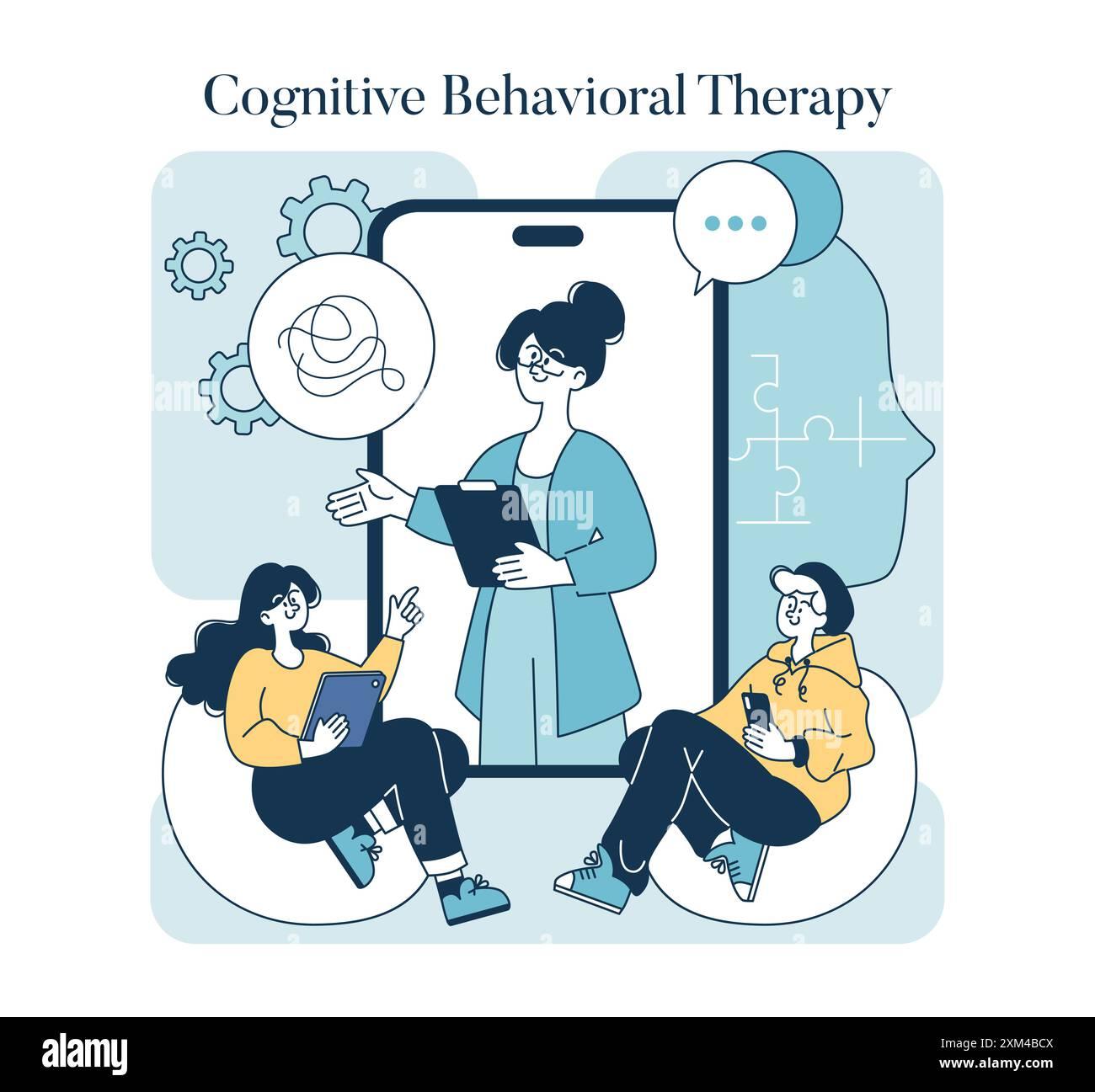 The image is an illustration depicting a concept related to Cognitive Behavioral Therapy. It features three cartoon-style characters. In the center, a person with glasses and a bun is holding a clipboard, symbolizing a therapist. They are standing in front of a large smartphone, suggesting a digital or online therapy session. On either side, two individuals are seated on bean bags, one holding a tablet and the other a smartphone, indicating they are clients or participants in the session. The background includes abstract elements like gears and puzzle pieces, representing mental processes and problem-solving. The text 'Cognitive Behavioral Therapy' is prominently displayed at the top.