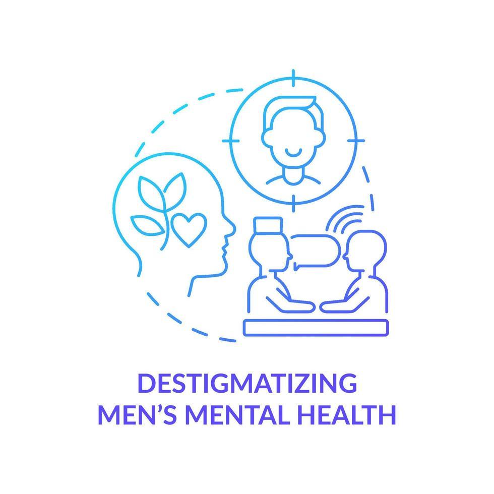 The image features a blue gradient concept icon focused on destigmatizing men's mental health. It includes a profile of a human head with a heart and leaves inside, symbolizing mental well-being and growth. There is also an illustration of two people sitting across from each other, one appearing to be a professional, possibly a therapist, engaging in conversation. Above them is a circular icon with a simple outline of a smiling face, suggesting a focus on individual mental health. The text below reads 'DESTIGMATIZING MEN'S MENTAL HEALTH' in bold, blue letters.