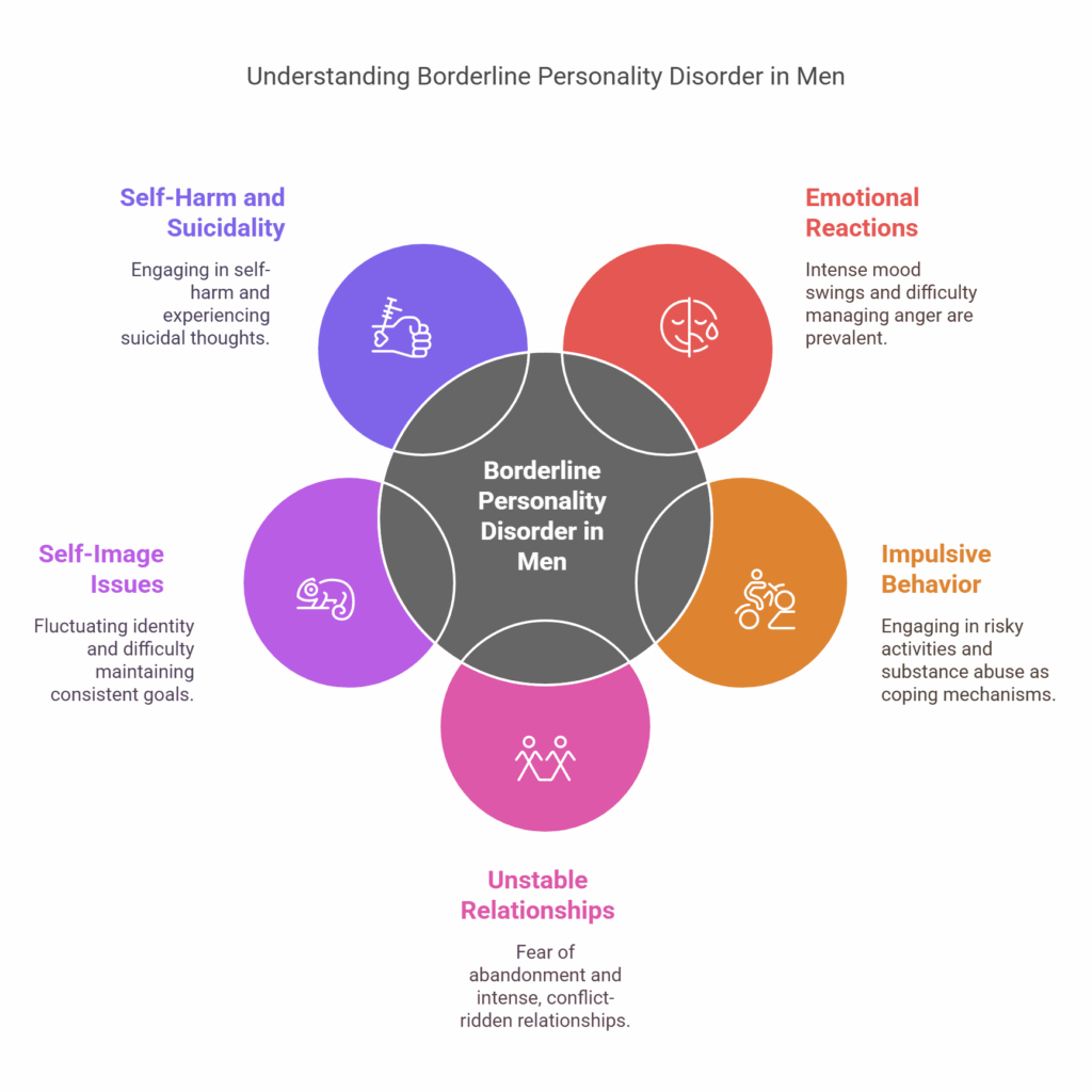 The image is an infographic titled 'Understanding Borderline Personality Disorder in Men.' It features a central circle labeled 'Borderline Personality Disorder in Men,' surrounded by five colored circles, each representing different aspects of the disorder. The circles are labeled as follows: 'Self-Harm and Suicidality' in blue, with a description of engaging in self-harm and experiencing suicidal thoughts; 'Emotional Reactions' in red, describing intense mood swings and difficulty managing anger; 'Impulsive Behavior' in orange, noting engagement in risky activities and substance abuse as coping mechanisms; 'Unstable Relationships' in pink, highlighting fear of abandonment and intense, conflict-ridden relationships; and 'Self-Image Issues' in purple, indicating fluctuating identity and difficulty maintaining consistent goals. Each circle includes an icon related to its theme.