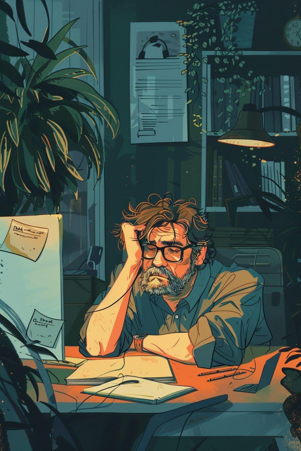 The image is an artistic illustration depicting a man sitting at a desk, appearing deep in thought or possibly stressed. He has a beard and glasses, and his hand is resting on his head. The desk is cluttered with papers, a notebook, and a pencil. The background features a dimly lit room with plants, bookshelves, and a lamp casting a warm glow. The overall atmosphere suggests a contemplative or introspective mood, possibly related to the theme of a midlife crisis.