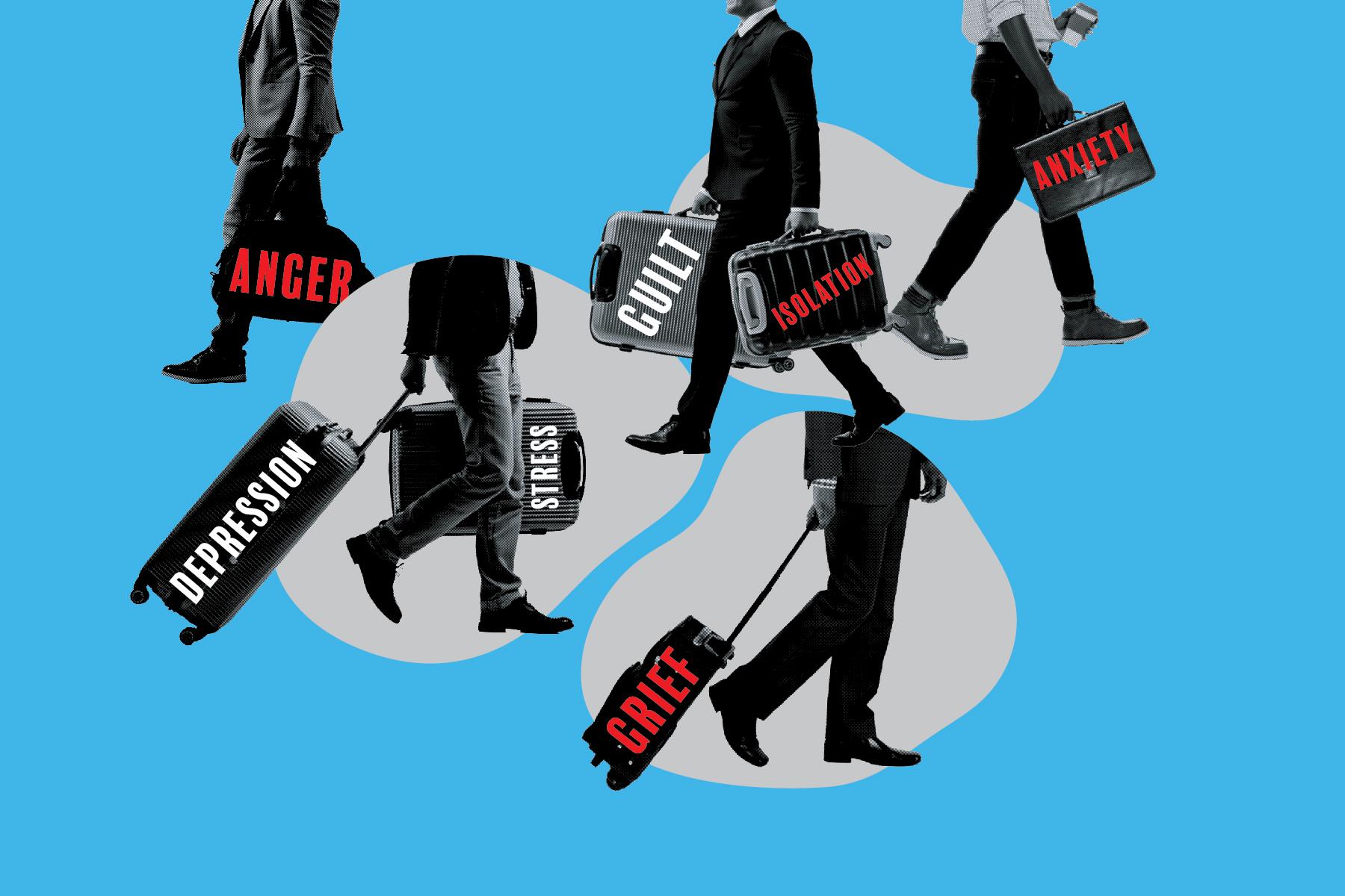 The image features a collage of men walking, each carrying a suitcase labeled with different emotional burdens. The background is a bright blue with abstract gray shapes. The suitcases have words like 'ANGER', 'DEPRESSION', 'STRESS', 'GUILT', 'ISOLATION', 'ANXIETY', and 'GRIEF' written on them in bold letters. The words 'ANGER', 'ISOLATION', 'ANXIETY', and 'GRIEF' are in red, while the others are in white. The men are dressed in various styles, from formal suits to casual attire, symbolizing the universal nature of these emotional struggles.