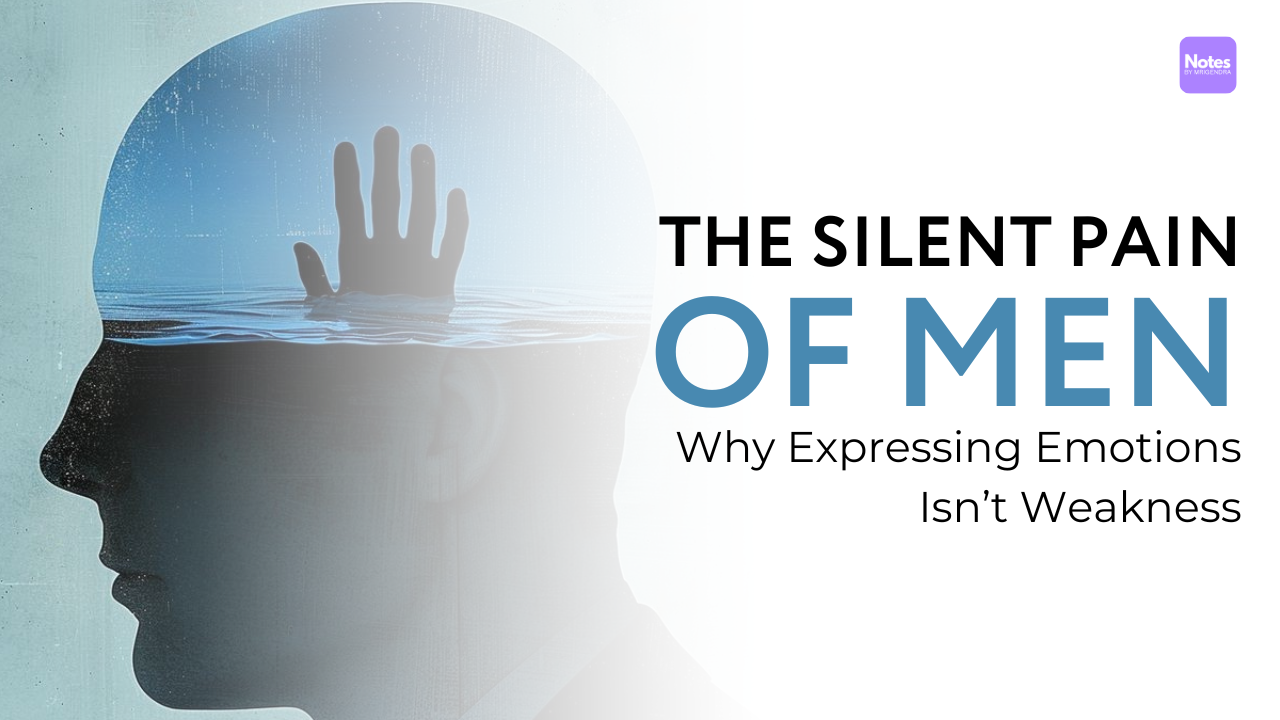 The image features a silhouette of a man's head filled with water, symbolizing emotional depth or turmoil. A hand is reaching up from the water, suggesting a struggle or call for help. On the right side, the text reads 'THE SILENT PAIN OF MEN' in bold, with 'OF MEN' highlighted in blue. Below, it says 'Why Expressing Emotions Isn’t Weakness' in smaller font. In the top right corner, there is a small purple square with the text 'Notes by MYCREDIRA'. The background is a gradient of light blue to white, creating a calm yet somber atmosphere.