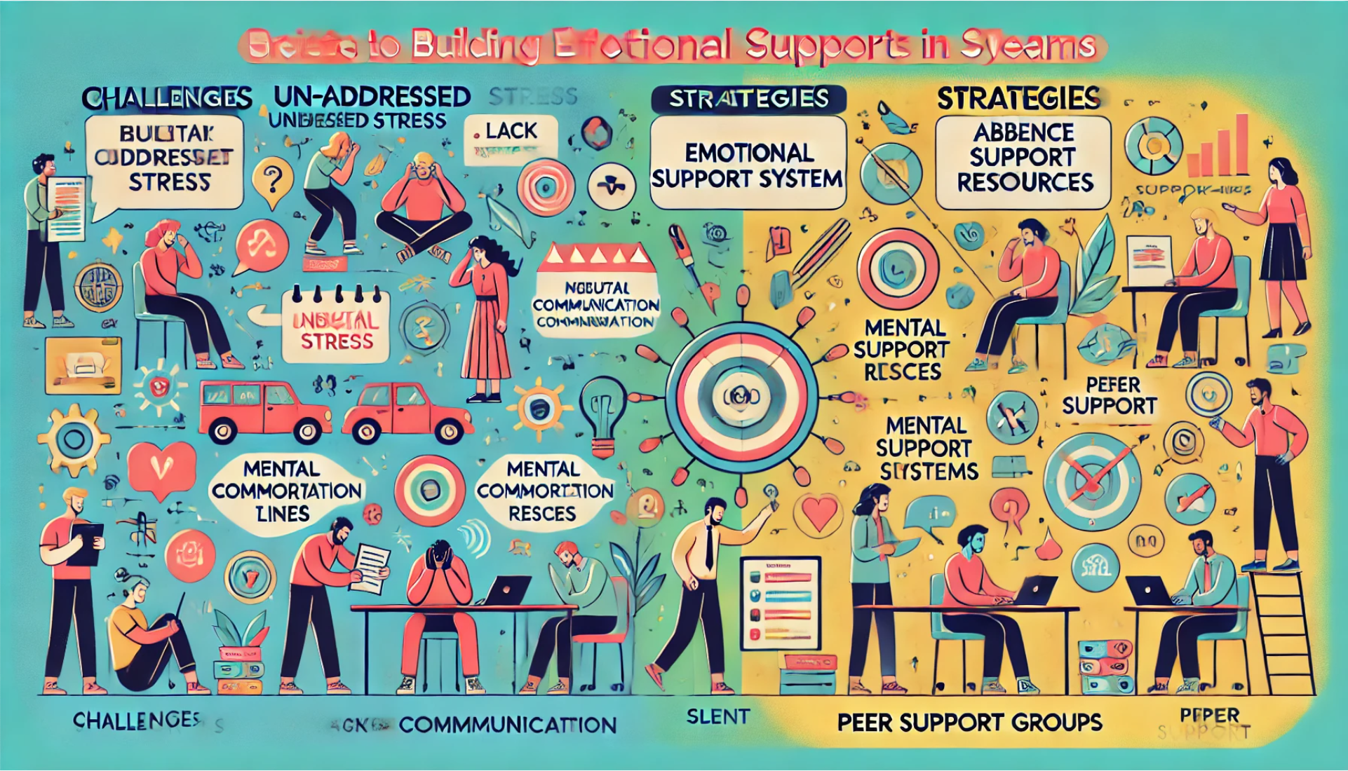 The image is an infographic titled 'Guide to Building Emotional Supports in Teams.' It is divided into two main sections: 'Challenges' on the left and 'Strategies' on the right. The 'Challenges' section highlights issues such as 'Unaddressed Stress,' 'Lack of Communication,' and 'Mental Commotion Lines.' It features illustrations of people experiencing stress and confusion, with symbols like gears and question marks. The 'Strategies' section suggests solutions like 'Emotional Support System,' 'Mental Support Resources,' and 'Peer Support Groups.' This section includes images of people collaborating and using technology, with symbols like targets and light bulbs. The background is colorful, with a mix of blue and yellow tones, and various icons scattered throughout.