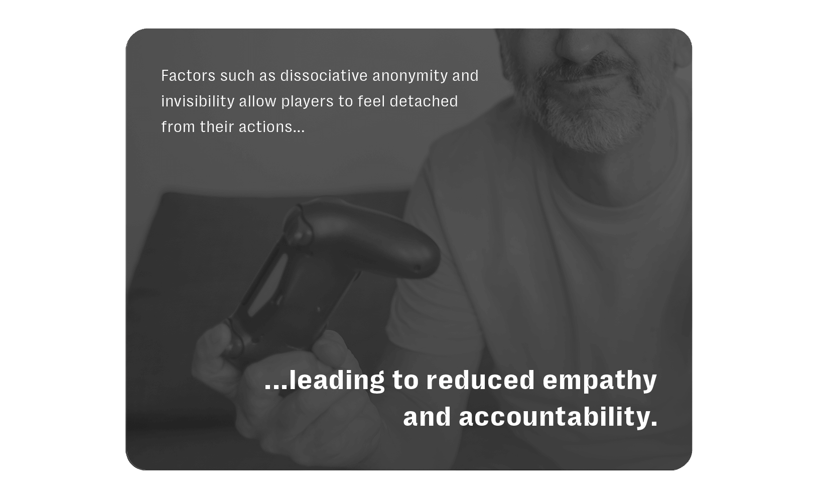 The image features a grayscale photograph of a man holding a video game controller. The man is partially visible, with a focus on the controller in his hand. The image includes text that reads: 'Factors such as dissociative anonymity and invisibility allow players to feel detached from their actions... ...leading to reduced empathy and accountability.' The text suggests a discussion about the psychological effects of anonymity in online gaming.