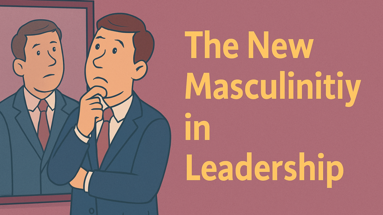 The image is an illustration featuring a man in a suit with a thoughtful expression, standing in front of a mirror. The man is depicted twice: once directly and once as a reflection. The background is a muted pink color. To the right of the man, there is text in large yellow letters that reads 'The New Masculinity in Leadership.' The illustration has a cartoon-like style, and the man appears to be contemplating or reflecting on something.