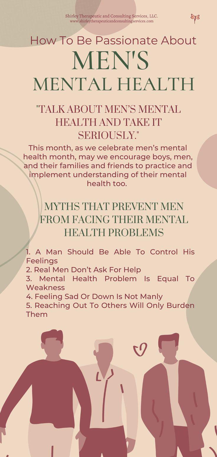 The image is an infographic titled 'How To Be Passionate About Men's Mental Health.' It is produced by Shirley Therapeutic and Consulting Services, LLC. The main message encourages talking about men's mental health and taking it seriously. It highlights myths that prevent men from addressing their mental health issues, such as the belief that a man should control his feelings, real men don't ask for help, mental health problems equate to weakness, feeling sad is not manly, and reaching out will burden others. The design includes abstract shapes and silhouettes of three men at the bottom.