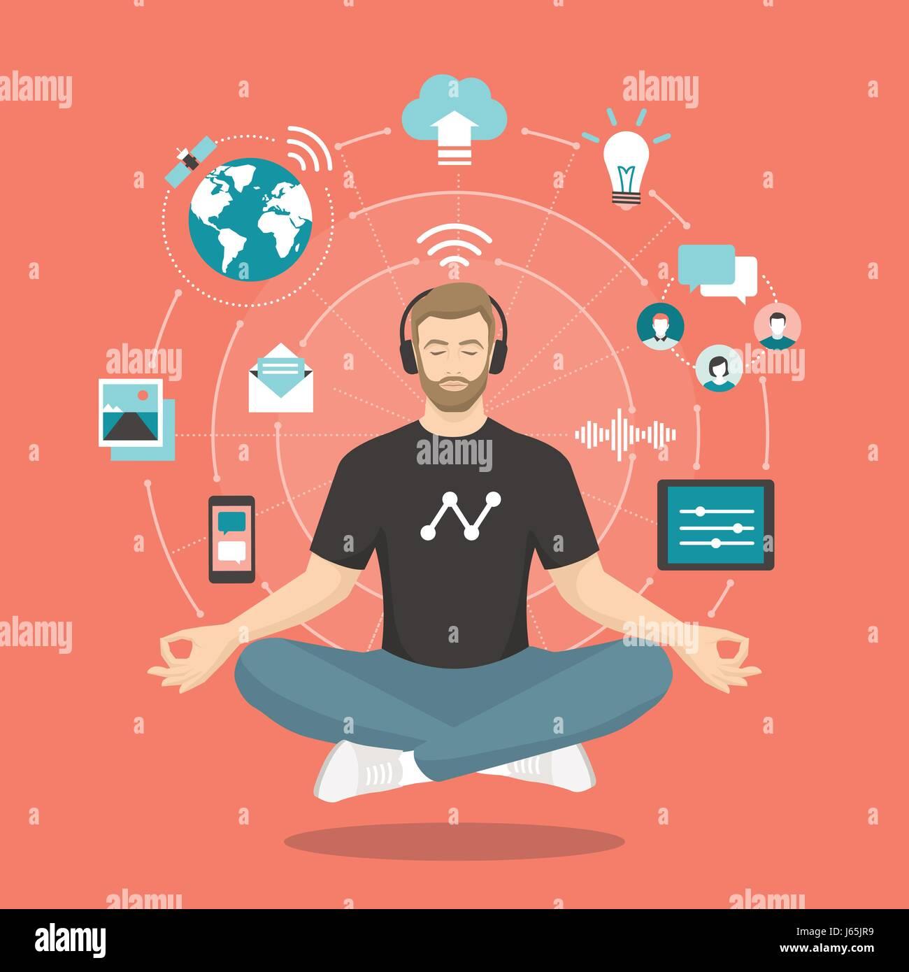 The image depicts a young man practicing mindfulness meditation. He is sitting cross-legged in a meditative pose with his eyes closed, wearing headphones. The background is a coral color, and various icons surround him, symbolizing technology and communication. These include a globe with a satellite, a cloud with an upload arrow, a light bulb, a smartphone, an envelope, and a tablet with sliders. There are also icons representing social connections and sound waves, indicating a digital and connected environment. The man is wearing a black t-shirt with a simple line graph design.