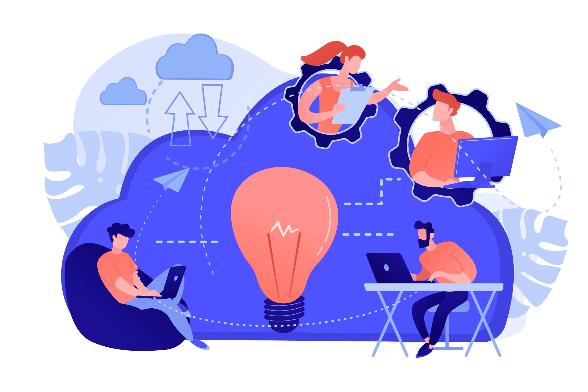 The image is an illustration depicting a concept of virtual collaboration and mentoring. It features three individuals working on laptops, surrounded by cloud icons, gears, and paper airplanes, symbolizing connectivity and communication. A large light bulb is centrally placed, representing ideas and innovation. The color scheme is primarily blue and orange, giving a modern and digital feel.