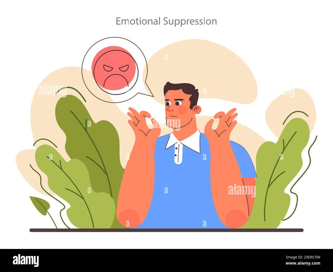 The image is an illustration depicting a man in a blue shirt with a white collar, appearing to suppress his emotions. He is making a gesture with his hands, possibly indicating calmness or control. Above his head is a speech bubble containing an angry red face, symbolizing suppressed anger or frustration. The background features abstract shapes and green leaves, adding a natural and calming element to the scene. The text 'Emotional Suppression' is written at the top of the image.