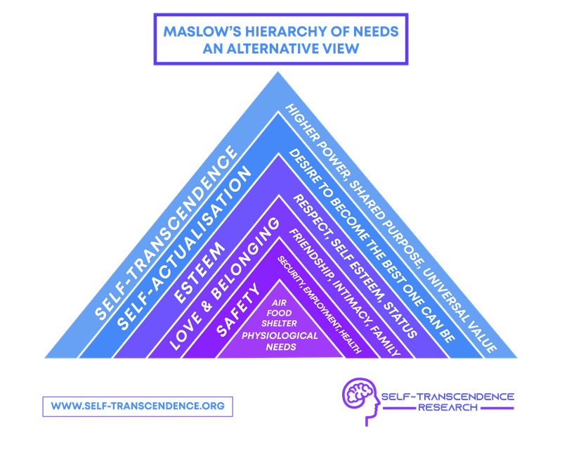 The image is a diagram representing an alternative view of Maslow's Hierarchy of Needs. It is structured as a pyramid with five levels, each labeled with different needs. From bottom to top, the levels are: 'Physiological Needs' (Air, Food, Shelter), 'Safety' (Security, Employment, Health), 'Love & Belonging' (Friendship, Intimacy, Family), 'Esteem' (Respect, Self-Esteem, Status), 'Self-Actualisation' (Desire to Become the Best One Can Be), and 'Self-Transcendence' (Higher Power, Shared Purpose, Universal Value). The pyramid is colored in shades of blue and purple. At the top, the text reads 'Maslow's Hierarchy of Needs: An Alternative View.' At the bottom, there is a website URL 'www.self-transcendence.org' and a logo for 'Self-Transcendence Research.'