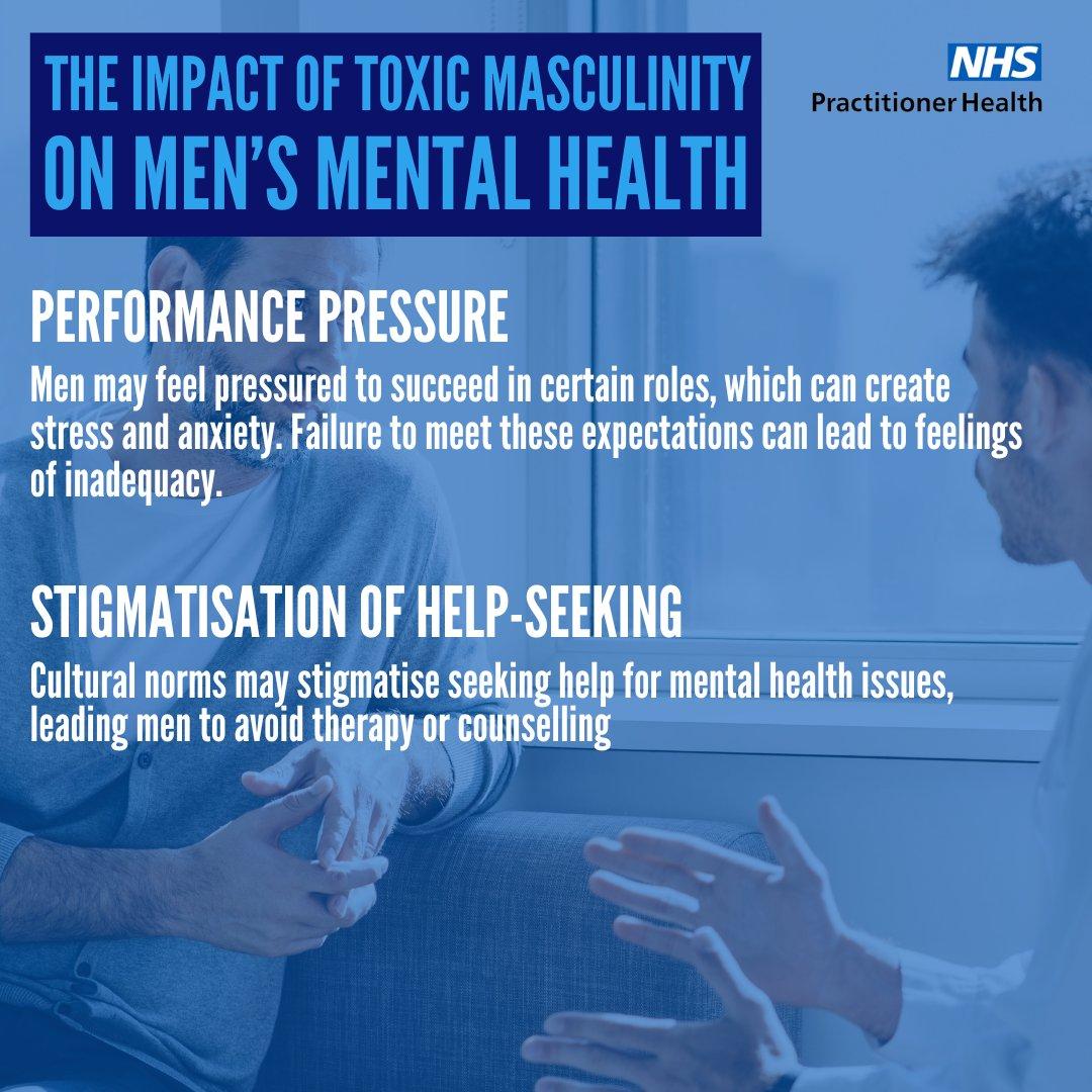 The image is an infographic discussing the impact of toxic masculinity on men's mental health. It features a background image of two men in conversation, possibly in a counseling setting. The text is prominently displayed in white and blue, with the title 'THE IMPACT OF TOXIC MASCULINITY ON MEN'S MENTAL HEALTH' at the top. Below, it highlights two main issues: 'PERFORMANCE PRESSURE' and 'STIGMATISATION OF HELP-SEEKING.' The text explains that men may feel pressured to succeed, leading to stress and anxiety, and that cultural norms may stigmatize seeking help for mental health issues. The NHS Practitioner Health logo is visible in the top right corner.