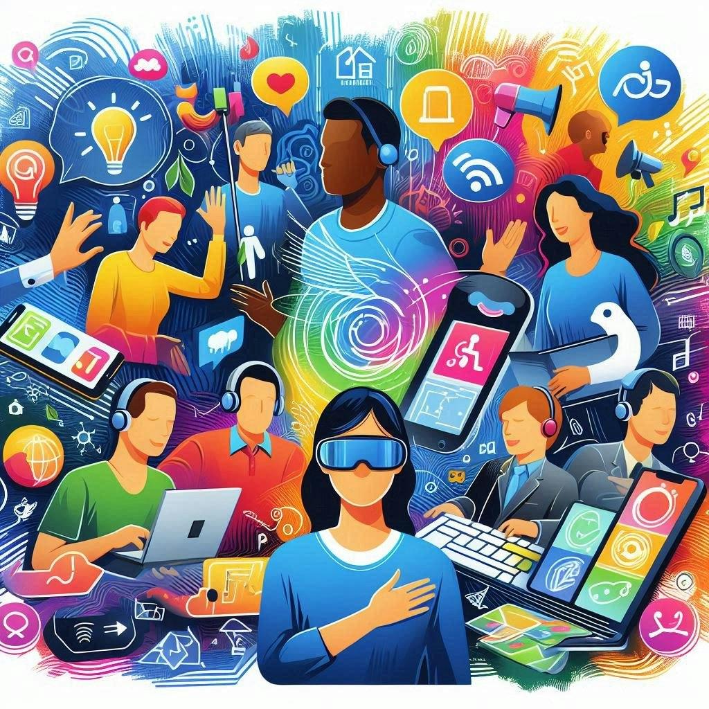The image is a vibrant and colorful illustration depicting various people interacting with technology. It features diverse individuals using devices such as laptops, smartphones, and tablets. Some are wearing headsets, while one person is wearing virtual reality goggles. The background is filled with icons representing technology and communication, such as light bulbs, Wi-Fi symbols, and social media icons. The overall theme suggests a focus on technology, communication, and accessibility.