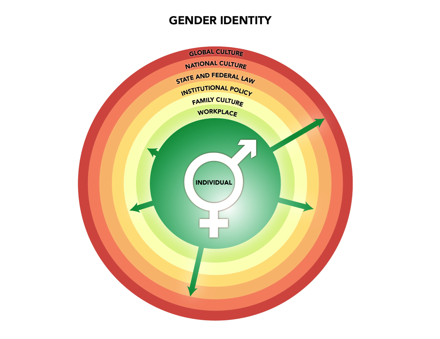 The image is an infographic titled 'Gender Identity' and features a series of concentric circles with different colors ranging from green in the center to red on the outermost layer. At the center of the circles is a symbol combining the male and female gender symbols, labeled 'INDIVIDUAL'. Surrounding this central symbol are arrows pointing outward. The layers of the circles are labeled from the innermost to the outermost as follows: 'WORKPLACE', 'FAMILY CULTURE', 'INSTITUTIONAL POLICY', 'STATE AND FEDERAL LAW', 'NATIONAL CULTURE', and 'GLOBAL CULTURE'. The design suggests the influence of various societal levels on individual gender identity.