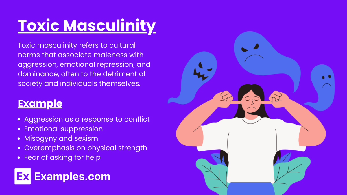 The image features a purple background with the title 'Toxic Masculinity' in bold white text. Below the title, there is a definition explaining that toxic masculinity refers to cultural norms associating maleness with aggression, emotional repression, and dominance, which can be detrimental to society and individuals. An 'Example' section lists behaviors such as aggression in response to conflict, emotional suppression, misogyny and sexism, overemphasis on physical strength, and fear of asking for help. On the right side, there is an illustration of a person with long hair, wearing a white shirt, covering their ears with their fingers. Surrounding the person are blue ghost-like figures with angry and sad expressions. At the bottom, there is a logo with 'Ex' in a white box followed by 'Examples.com' in white text.