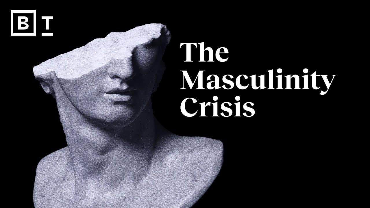 The image features a classical-style marble bust of a male figure with the top portion of the head missing, set against a black background. To the right of the bust, the text 'The Masculinity Crisis' is prominently displayed in white, serif font. In the top left corner, there is a logo consisting of the letters 'B' and 'T' enclosed in a square. The overall theme suggests a focus on issues related to masculinity.