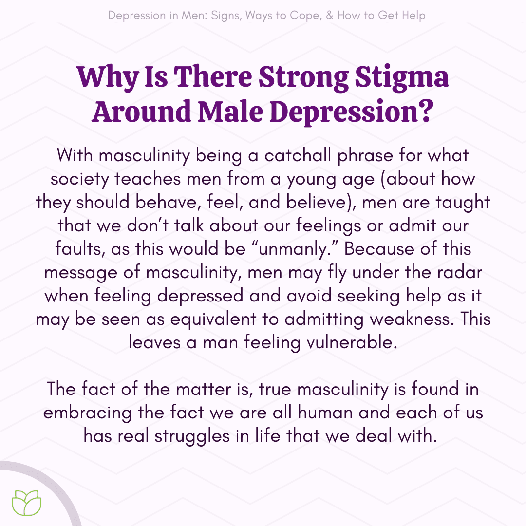 The image contains a text discussing the stigma surrounding male depression. The title at the top reads 'Depression in Men: Signs, Ways to Cope, & How to Get Help.' The main heading in bold purple text asks, 'Why Is There Strong Stigma Around Male Depression?' The body text explains that societal teachings about masculinity discourage men from expressing feelings or admitting faults, as these actions are considered 'unmanly.' This societal pressure leads men to avoid seeking help for depression, equating it with admitting weakness, which leaves them feeling vulnerable. The text concludes by stating that true masculinity involves acknowledging that everyone has struggles in life. The background is light with a subtle pattern, and there is a small green leaf icon in the bottom left corner.