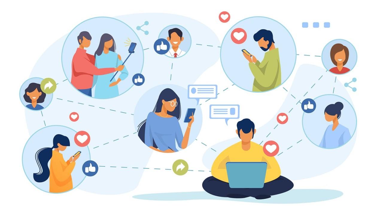 The image is an illustration depicting various individuals engaging with digital devices, symbolizing social interaction in a digital age. There are several people shown in circular frames, each interacting with smartphones or laptops. The central figure is sitting cross-legged with a laptop, surrounded by others using mobile phones. Icons such as hearts, thumbs up, and message bubbles are scattered throughout, representing social media interactions like likes, comments, and shares. The background is a light blue with abstract shapes and connecting lines, suggesting a network of digital connections.