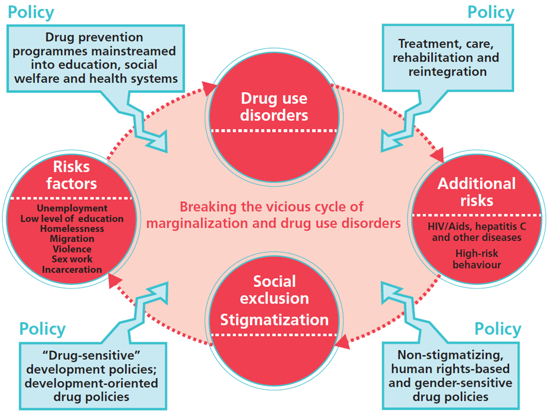 The image is an infographic illustrating the cycle of marginalization and drug use disorders. It features a central circle labeled 'Drug use disorders' surrounded by arrows pointing to and from three other circles: 'Risks factors', 'Social exclusion Stigmatization', and 'Additional risks'. The 'Risks factors' circle lists unemployment, low level of education, homelessness, migration, violence, sex work, and incarceration. The 'Additional risks' circle mentions HIV/AIDS, hepatitis C, other diseases, and high-risk behavior. The infographic emphasizes breaking the cycle of marginalization and drug use disorders. It includes policy suggestions in blue boxes, such as integrating drug prevention programs into education, social welfare, and health systems, providing treatment and rehabilitation, and implementing non-stigmatizing, human rights-based, and gender-sensitive drug policies.