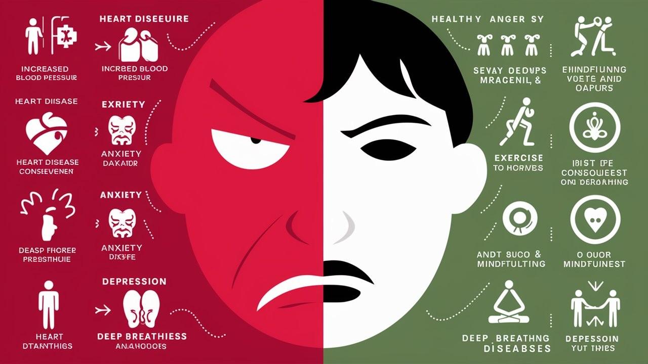 The image is an infographic divided into two halves, each representing different aspects of anger. The left side is red, depicting the negative effects of anger on health. It includes icons and text indicating issues like increased blood pressure, heart disease, anxiety, and depression. The right side is green, illustrating the benefits of managing anger healthily. It features icons and text promoting exercise, mindfulness, and deep breathing. The central image is a stylized face split into two expressions, angry on the red side and calm on the green side.