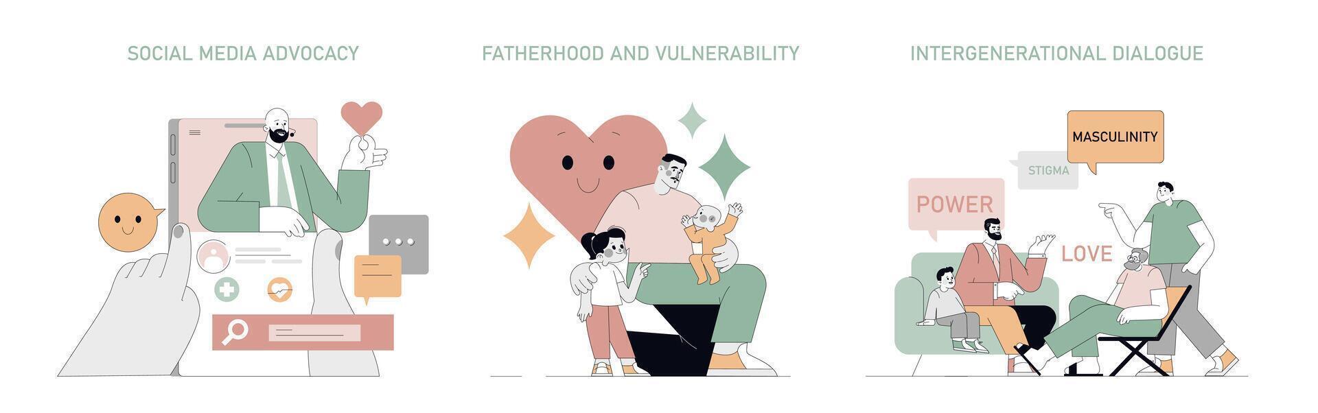 The image is a flat illustration divided into three sections, each depicting a different theme related to male vulnerability. The first section, titled 'SOCIAL MEDIA ADVOCACY,' shows a person in a suit emerging from a smartphone screen, holding a heart symbol. Various social media icons and a smiling emoji are present, suggesting online engagement and support. The second section, 'FATHERHOOD AND VULNERABILITY,' features a man holding a child, with a large heart and sparkling symbols in the background, emphasizing emotional connection and care. The third section, 'INTERGENERATIONAL DIALOGUE,' illustrates a group of men of different ages sitting and standing, engaged in conversation. Speech bubbles contain words like 'POWER,' 'LOVE,' 'MASCULINITY,' and 'STIGMA,' highlighting themes of communication and understanding across generations.