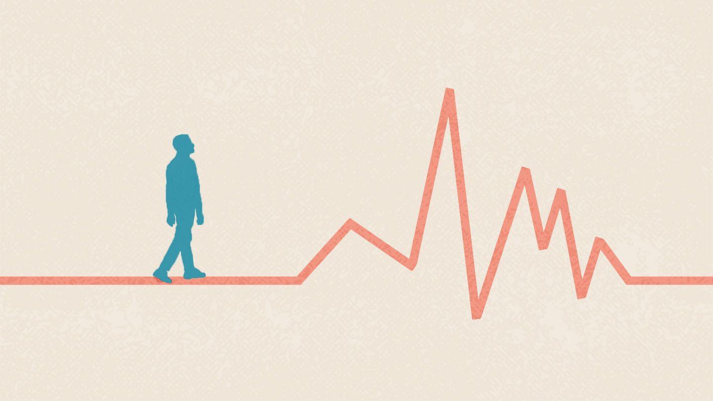 The image features a minimalist illustration with a beige background. On the left side, there is a silhouette of a person in blue, walking along a red line. This line transforms into a jagged, heartbeat-like pattern, suggesting a connection between the person's movement and heart activity. The overall theme appears to relate to health, possibly indicating the impact of social isolation or loneliness on heart health.
