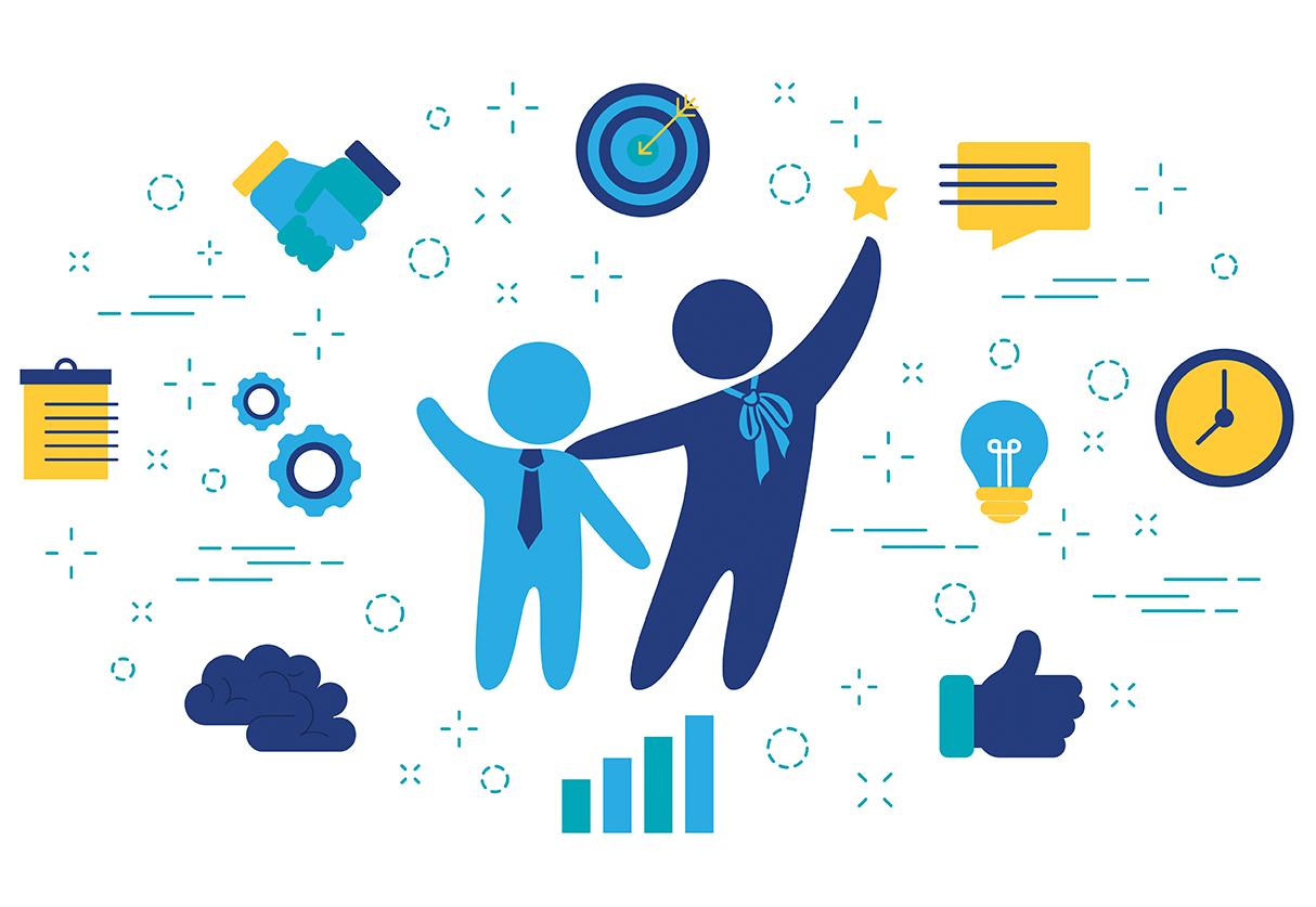 The image is an illustration depicting the concept of mentoring. It features two stylized human figures, one in light blue and the other in dark blue, with their arms around each other, symbolizing support and guidance. Surrounding them are various icons representing different aspects of mentoring and success, such as a target with an arrow, a handshake, a speech bubble, a clock, a light bulb, gears, a checklist, a brain, a thumbs-up, and a bar chart. The color scheme is primarily blue and yellow, conveying a sense of professionalism and positivity.