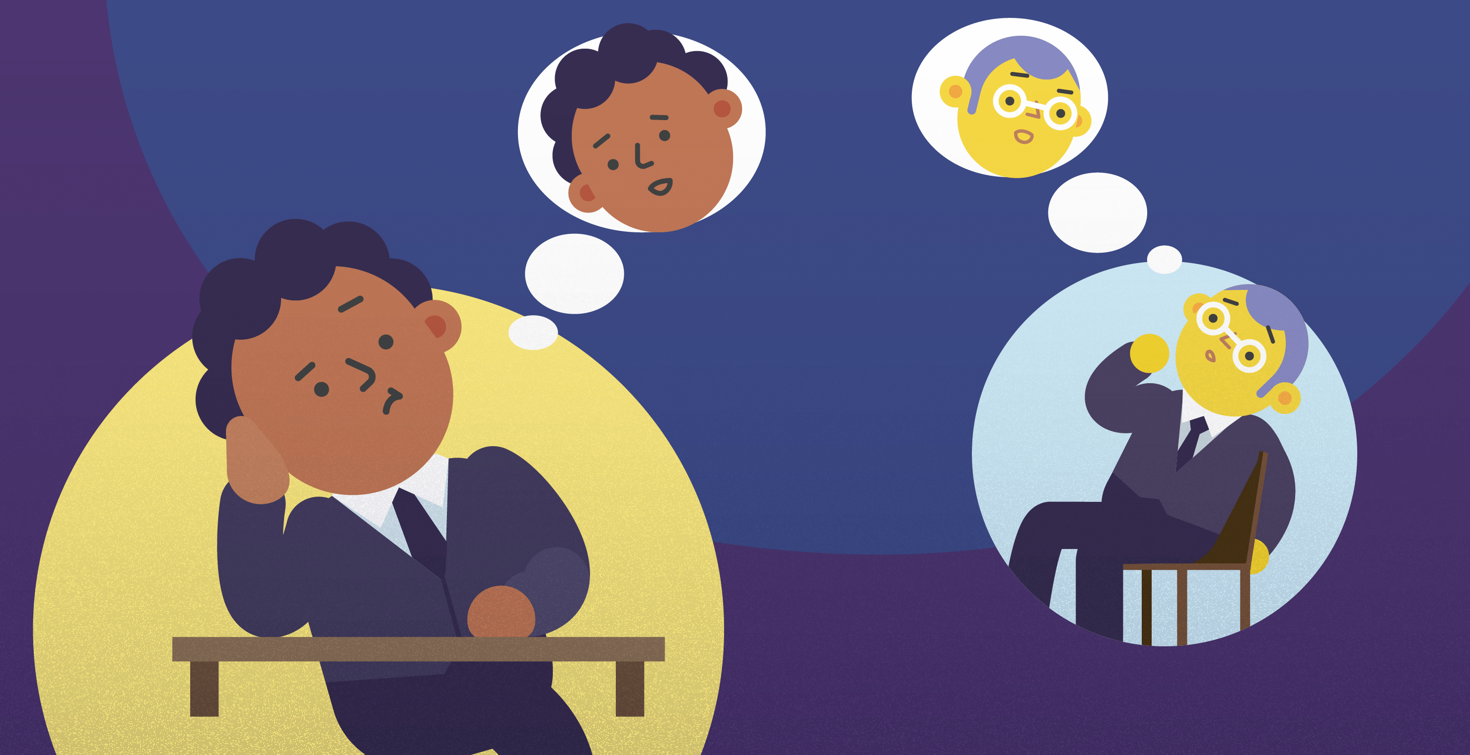 The image is an illustration depicting two individuals, each in their own thought bubble, suggesting a theme of intrapersonal communication. On the left, a person with dark hair is sitting at a table, resting their head on their hand, appearing to be in deep thought. Above them is a thought bubble containing their own face, indicating self-reflection. On the right, another person with glasses and gray hair is seated on a chair, also in a contemplative pose, with a thought bubble above them showing their own face. The background is a mix of blue and purple tones, with the individuals highlighted in circular areas of yellow and light blue. The image conveys the concept of self-dialogue and introspection.