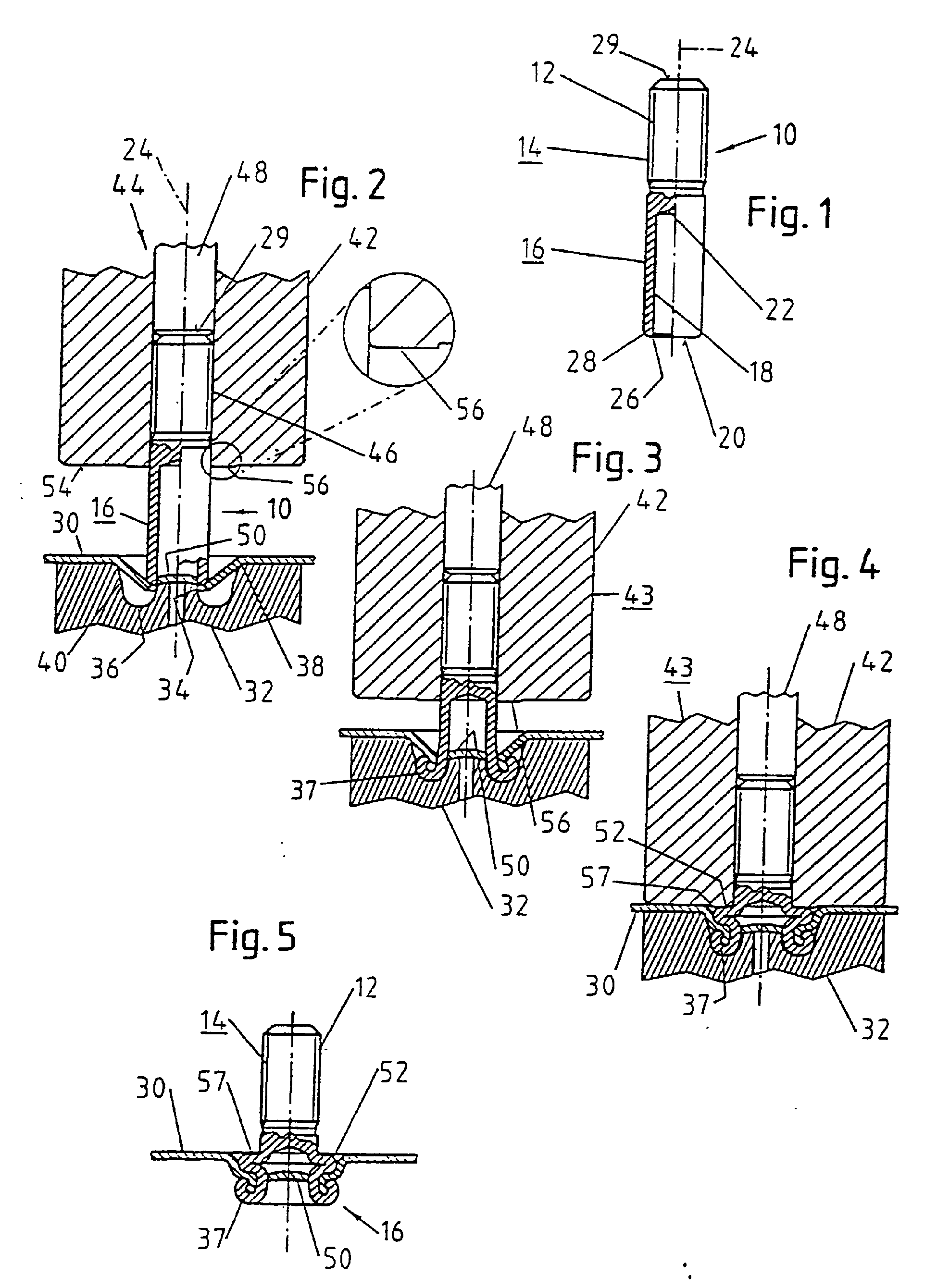 Das Bild zeigt eine technische Zeichnung mit mehreren Figuren, die eine Stempelanordnung darstellen. In der Zeichnung sind verschiedene Querschnittsansichten eines mechanischen Bauteils zu sehen, das aus mehreren Komponenten besteht.