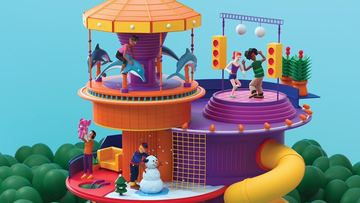 The image is a colorful and whimsical illustration depicting a multi-level play structure. On the top level, there is a carousel with two people riding dolphins. Adjacent to this, a dance floor is set up with two people dancing under disco balls, surrounded by traffic light-like structures. The middle level features a person building a snowman, and a slide spirals down from this level. On the lower level, a person is holding a pink teddy bear. The background is filled with green, bush-like shapes, suggesting a park or garden setting. The overall atmosphere is playful and vibrant, emphasizing the theme of adults engaging in play.