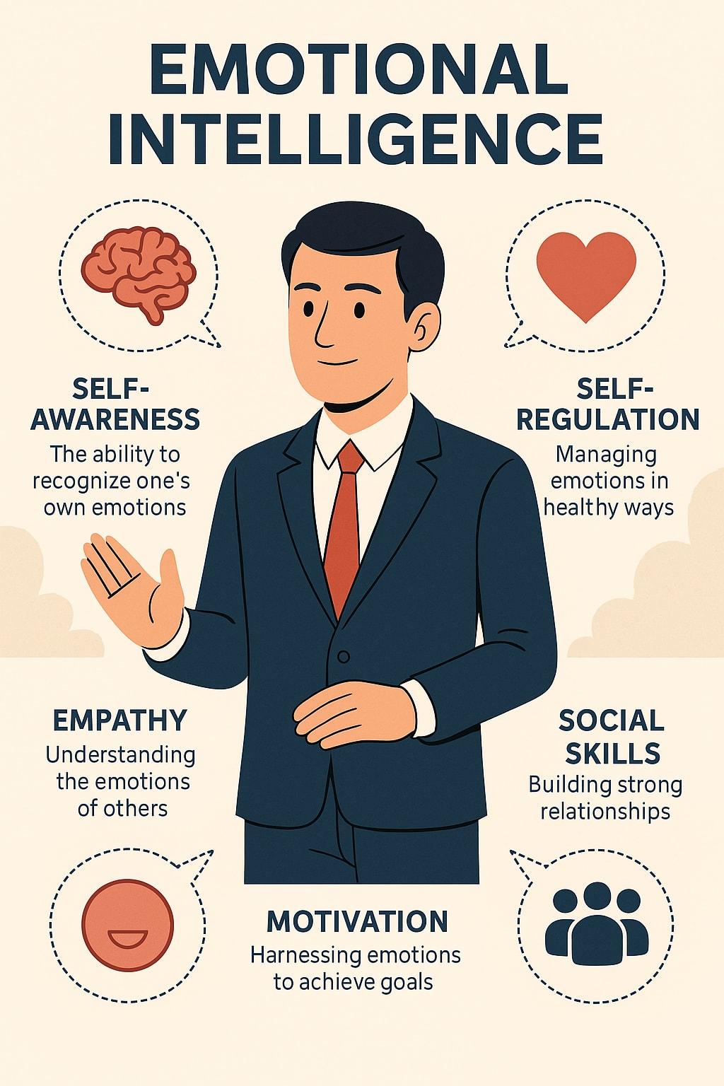 The image is an infographic about emotional intelligence, featuring a cartoon illustration of a man in a suit and tie. The title 'EMOTIONAL INTELLIGENCE' is prominently displayed at the top. Surrounding the man are five key components of emotional intelligence, each with an icon and description: 'SELF-AWARENESS' with a brain icon, described as 'The ability to recognize one's own emotions'; 'SELF-REGULATION' with a heart icon, described as 'Managing emotions in healthy ways'; 'EMPATHY' with a smiling face icon, described as 'Understanding the emotions of others'; 'MOTIVATION' with a target icon, described as 'Harnessing emotions to achieve goals'; and 'SOCIAL SKILLS' with a group of people icon, described as 'Building strong relationships'. The overall design is clean and uses a color palette of blue, red, and beige.