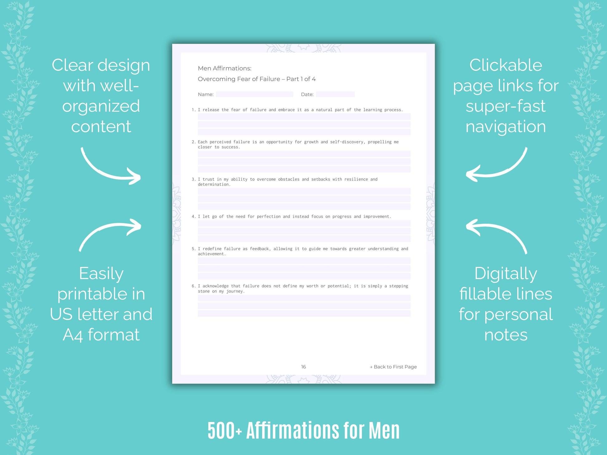 The image features a page from a workbook titled 'Men Affirmations: Overcoming Fear of Failure – Part 1 of 4'. The page includes a list of affirmations designed to help men overcome fear of failure. The affirmations are numbered and include statements such as 'I release the fear of failure and embrace it as a natural part of the learning process.' The page is set against a teal background with decorative floral patterns on the sides. Text around the page highlights features of the workbook, such as 'Clear design with well-organized content', 'Easily printable in US letter and A4 format', 'Clickable page links for super-fast navigation', and 'Digitally fillable lines for personal notes'. At the bottom, it mentions '500+ Affirmations for Men'.