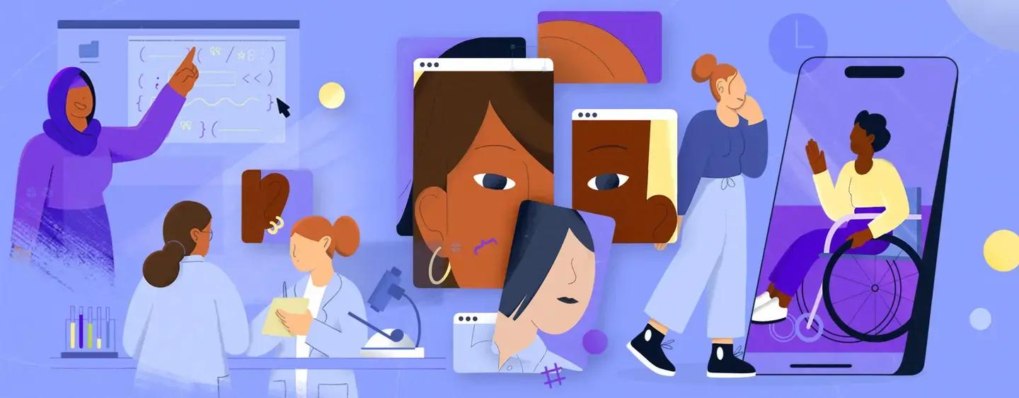 The image is an artistic illustration featuring diverse individuals engaged in various activities related to technology and science. On the left, a person wearing a hijab is pointing at a digital screen displaying code, suggesting a teaching or presentation setting. Below, two individuals in lab coats are working in a laboratory environment, with test tubes and a microscope visible. In the center, there are stylized portraits of people within digital frames, symbolizing online communication or digital presence. On the right, a person in a wheelchair is depicted on a large smartphone screen, highlighting accessibility in digital spaces. The background is a soft blue with abstract shapes, creating a modern and inclusive atmosphere.