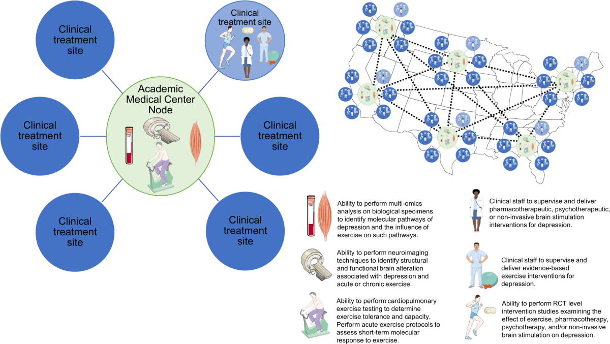 The image is an infographic illustrating the role of exercise in the treatment of depression. It features a central node labeled 'Academic Medical Center Node' surrounded by several 'Clinical treatment site' nodes. The central node includes images of a blood vial, a brain scan, and a person on an exercise bike, symbolizing various research and treatment methods. To the right, there is a map of the United States with interconnected nodes representing different clinical sites. Below the map, there are descriptions of capabilities such as performing multi-omics analysis, neuroimaging, and cardiopulmonary exercise testing. There are also illustrations of clinical staff and descriptions of their roles in delivering treatments for depression. The text is in English.