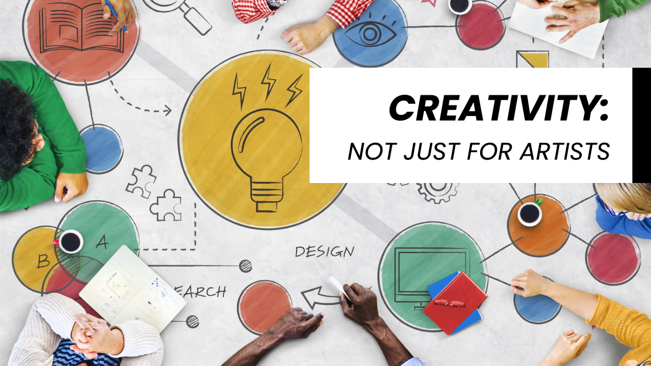 The image is a creative and colorful illustration featuring a group of diverse individuals sitting around a table, engaging in a brainstorming session. The table is covered with various circular diagrams and icons, including a large yellow circle with a light bulb symbolizing ideas and creativity. Other circles contain symbols like a book, an eye, and a computer, representing different aspects of creativity and learning. The text 'CREATIVITY: NOT JUST FOR ARTISTS' is prominently displayed in a white box on the right side of the image. Additional words like 'DESIGN' and 'RESEARCH' are written on the table, indicating the collaborative and multifaceted nature of creativity. The overall theme emphasizes that creativity is a universal skill, not limited to artists.